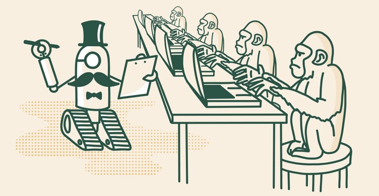 Little robot with a bunch of monkeys on computers
