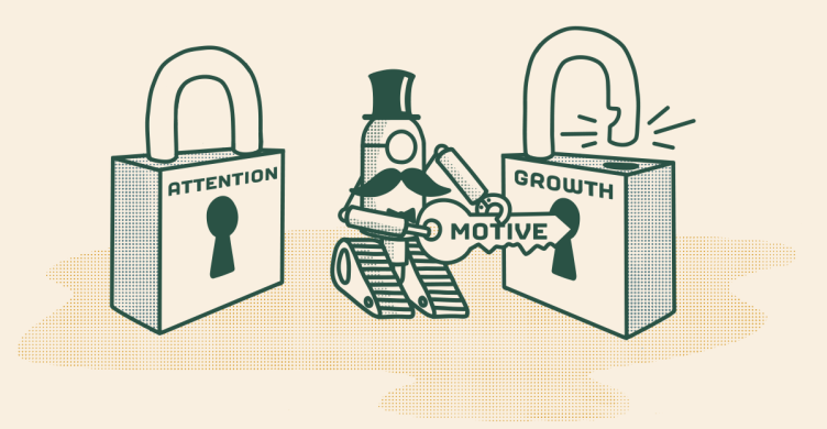 A robot unlocking growth with the a key titled motive