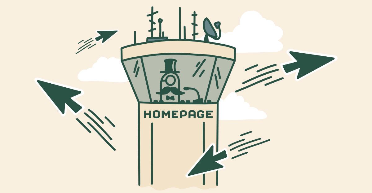 Picture of a robot in a homepage air traffic control tower with clickable arrows flying around it